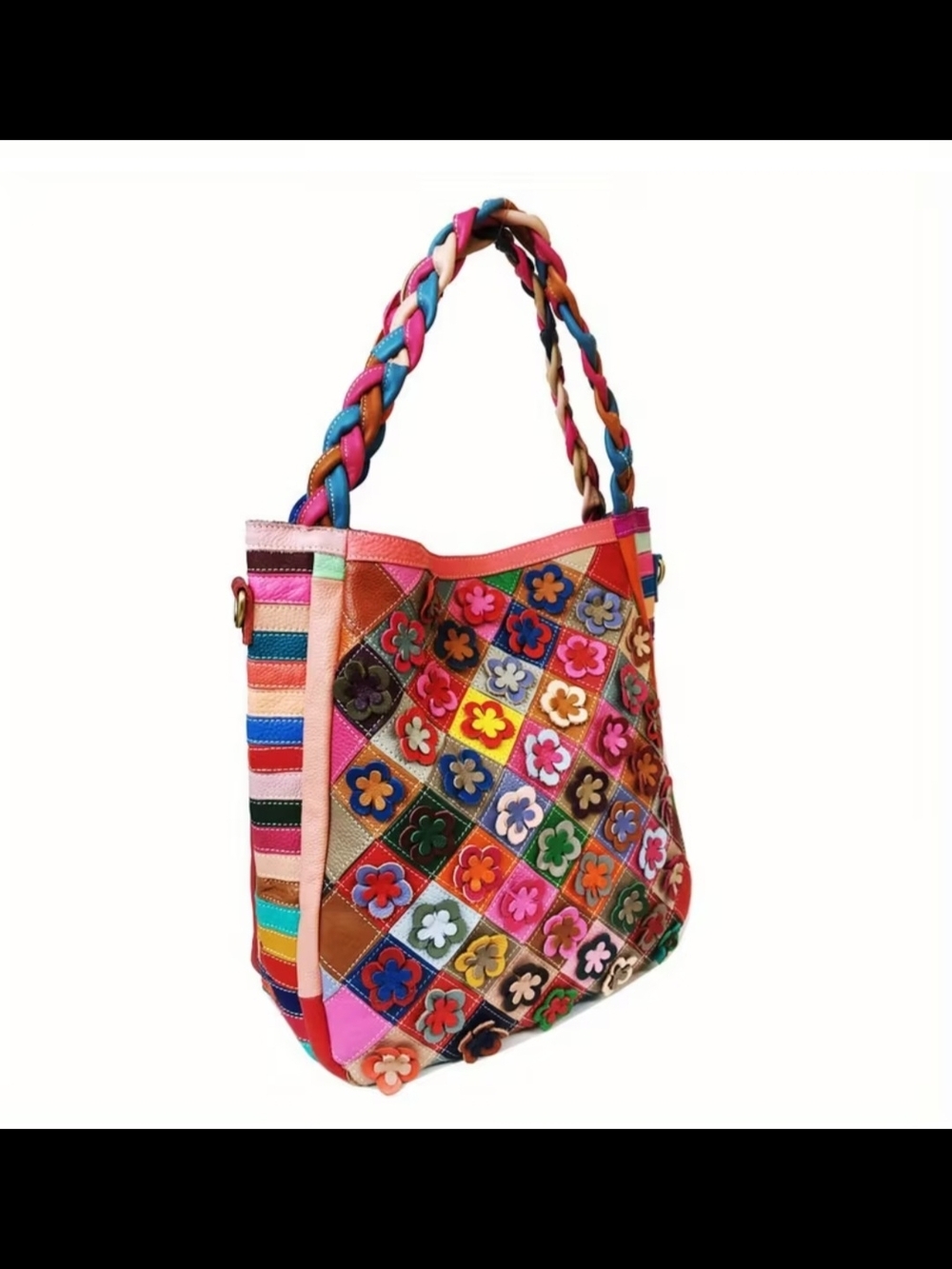♥️Multicolor Patchwork Floral Genuine Leather Shoulder Bag Large - Picture 8 of 12